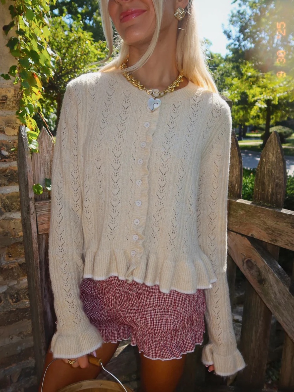 Miou Muse Pointelle Ruffled Cardigan | Size Medium